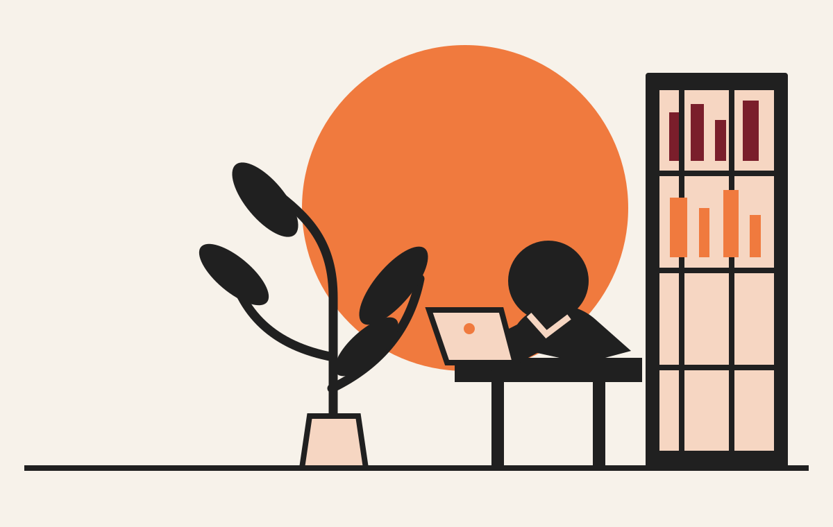 Illustration of a person working beside a library of resources