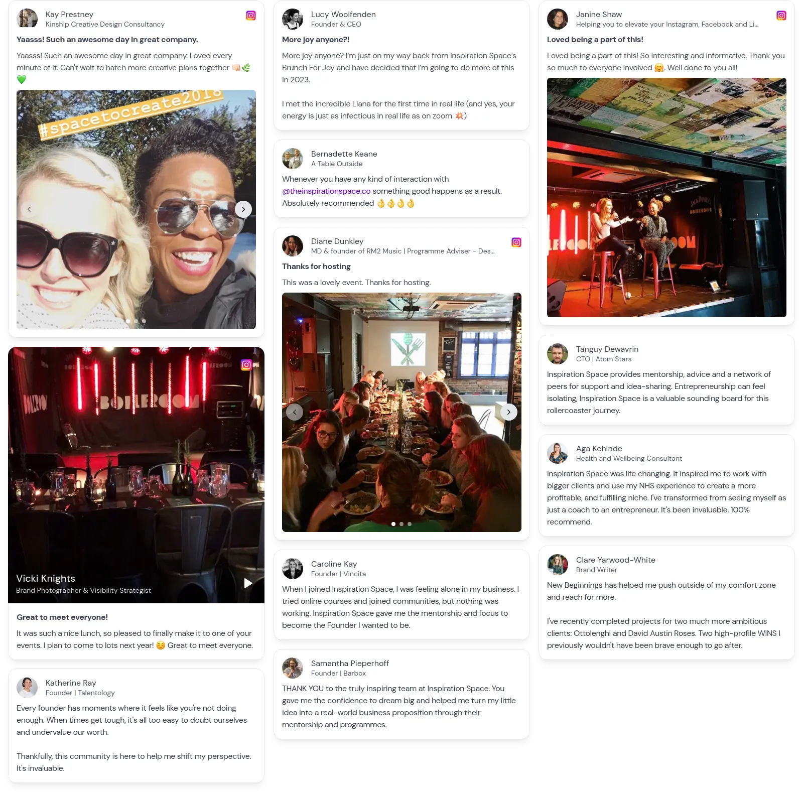 A collection of community photographs and testimonials about Inspiration Space