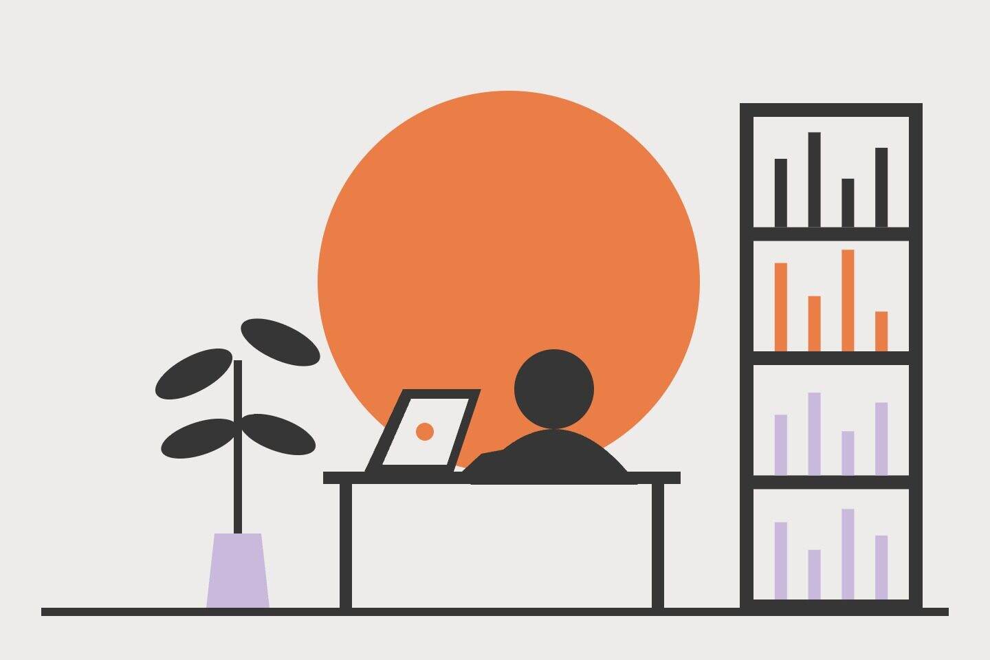 A person reviewing information at a desk beside a bookcase