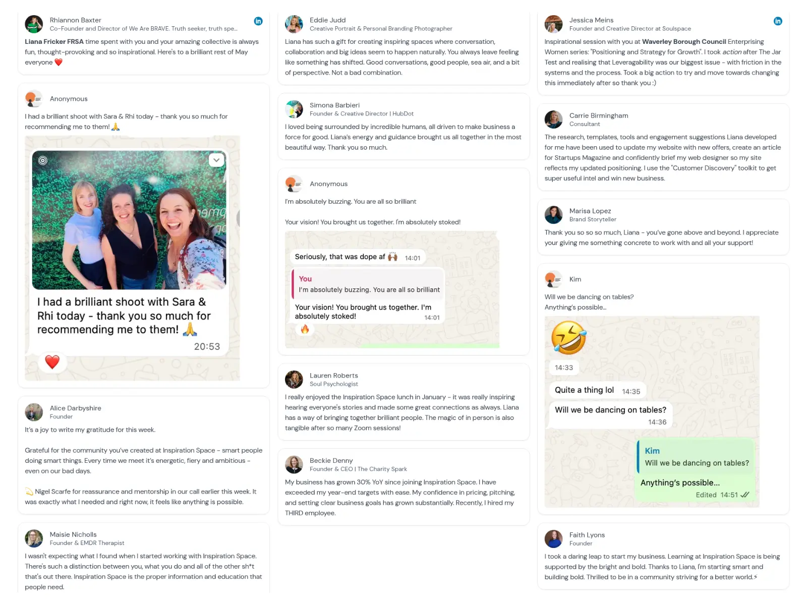 Comments from people describing the clarity, confidence, progress and connection they found through Inspiration Space