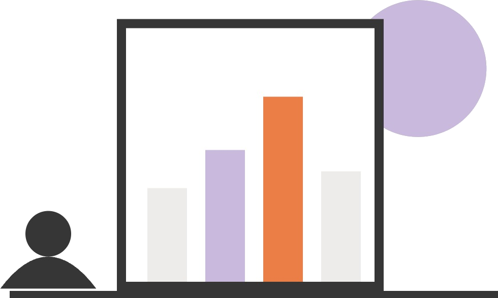 A person beside a chart showing business data