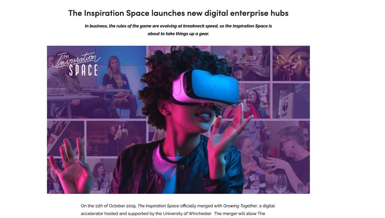 The launch announcement for Inspiration Space’s new digital enterprise hubs in October 2019
