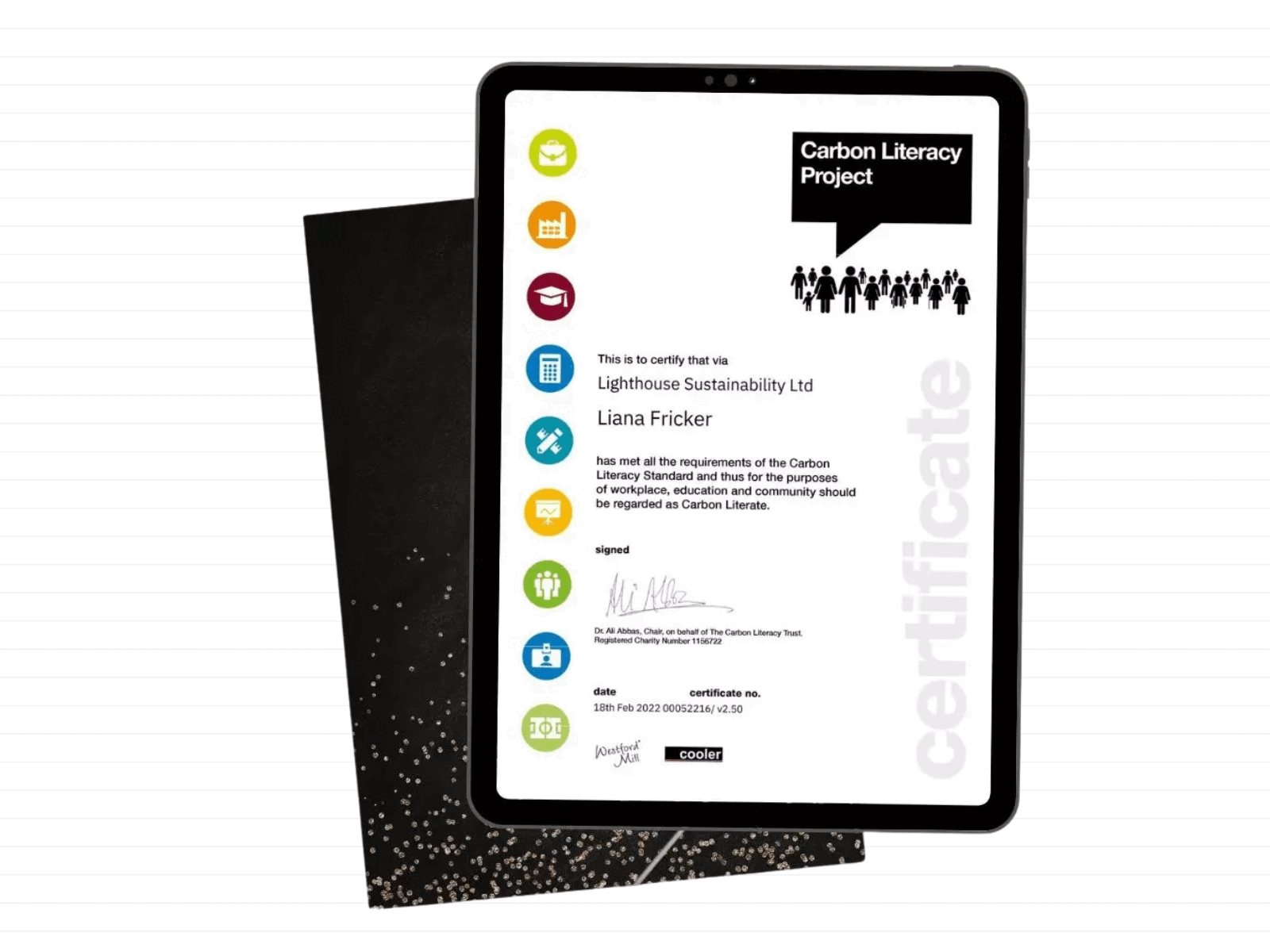 Liana Fricker's Carbon Literacy certificate from 2022