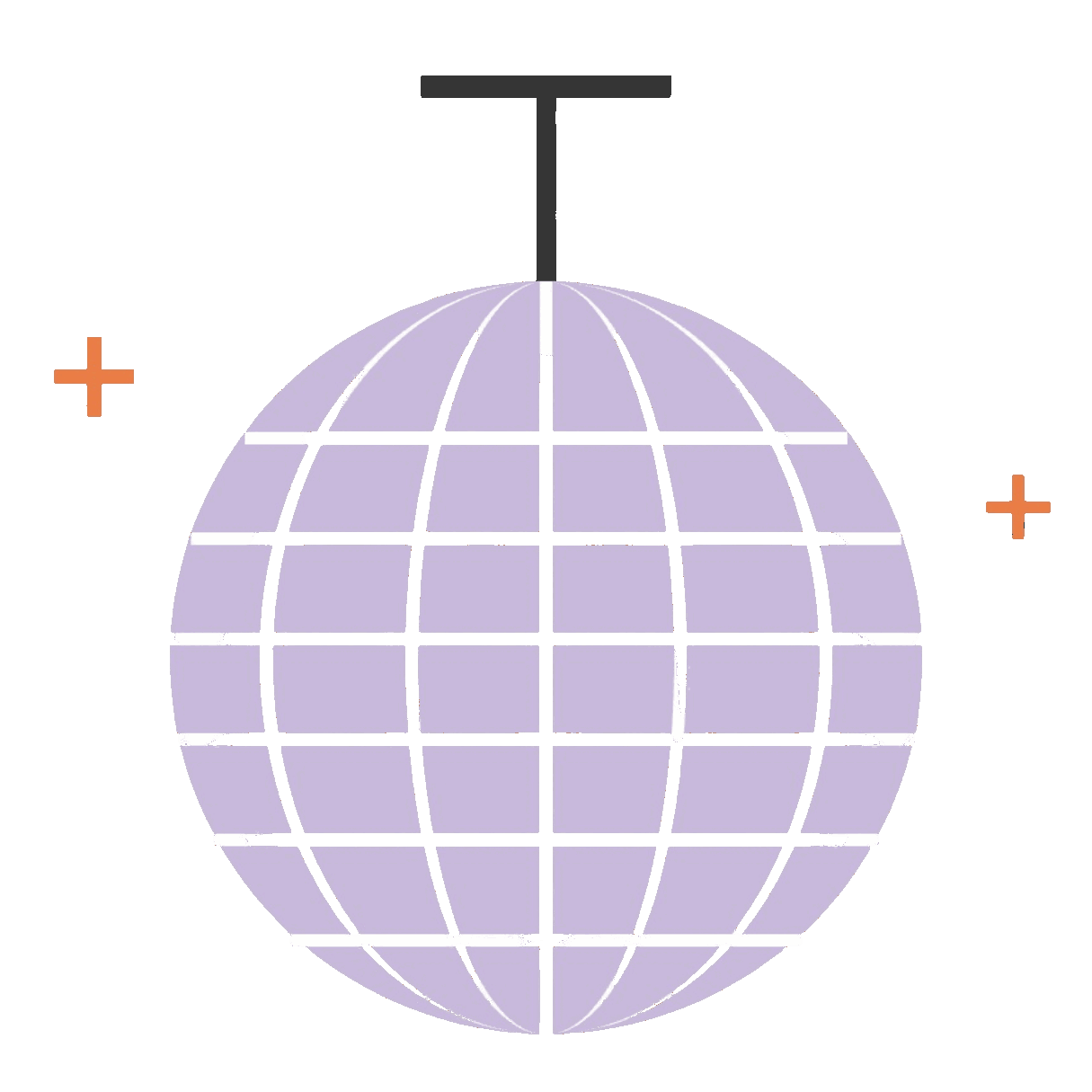 An illustrated lilac disco ball hanging from the top of the section